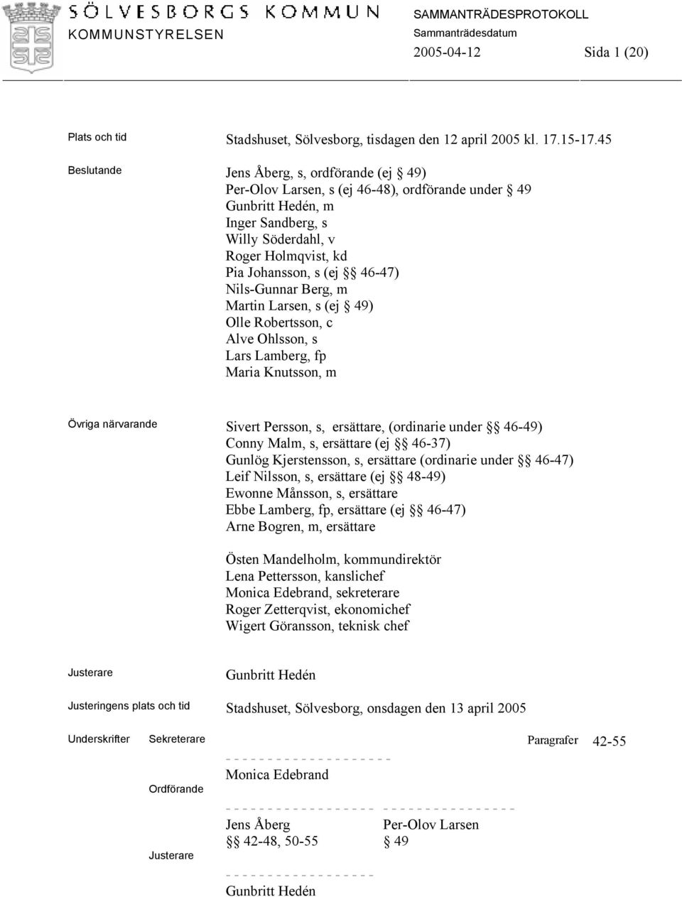 46-47) Nils-Gunnar Berg, m Martin Larsen, s (ej 49) Olle Robertsson, c Alve Ohlsson, s Lars Lamberg, fp Maria Knutsson, m Övriga närvarande Sivert Persson, s, ersättare, (ordinarie under 46-49) Conny