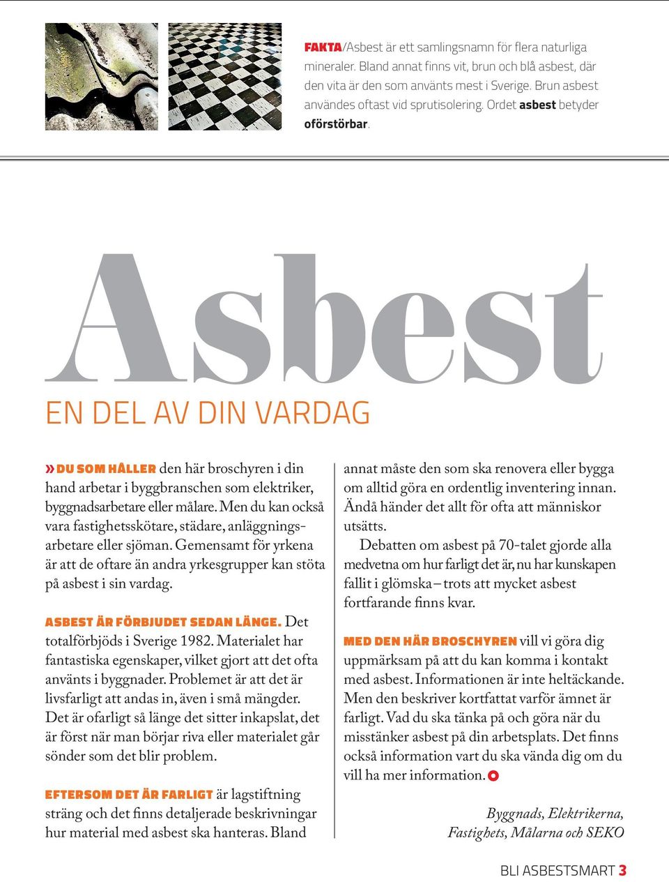 Asbest EN DEL AV DIN VARDAG» DU SOM HÅLLER den här broschyren i din hand arbetar i byggbranschen som elektriker, byggnadsarbetare eller målare.