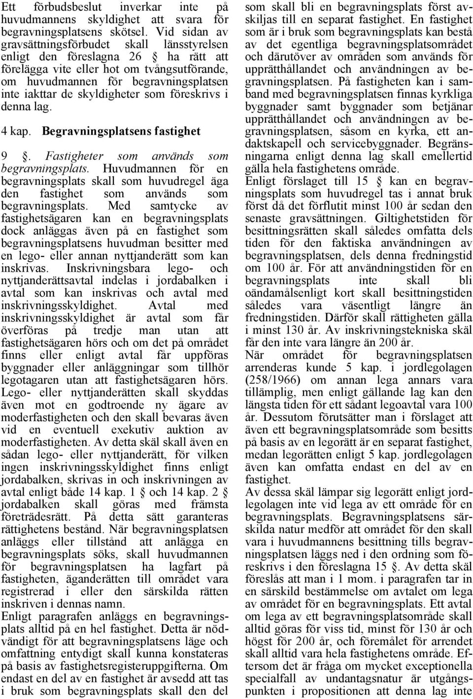 skyldigheter som föreskrivs i denna lag. 4 kap. Begravningsplatsens fastighet 9. Fastigheter som används som begravningsplats.