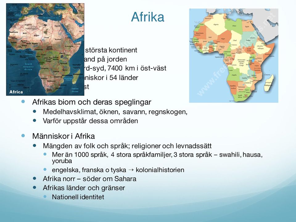 områden Människor i Afrika Mängden av folk och språk; religioner och levnadssätt Mer än 1000 språk, 4 stora språkfamiljer, 3 stora