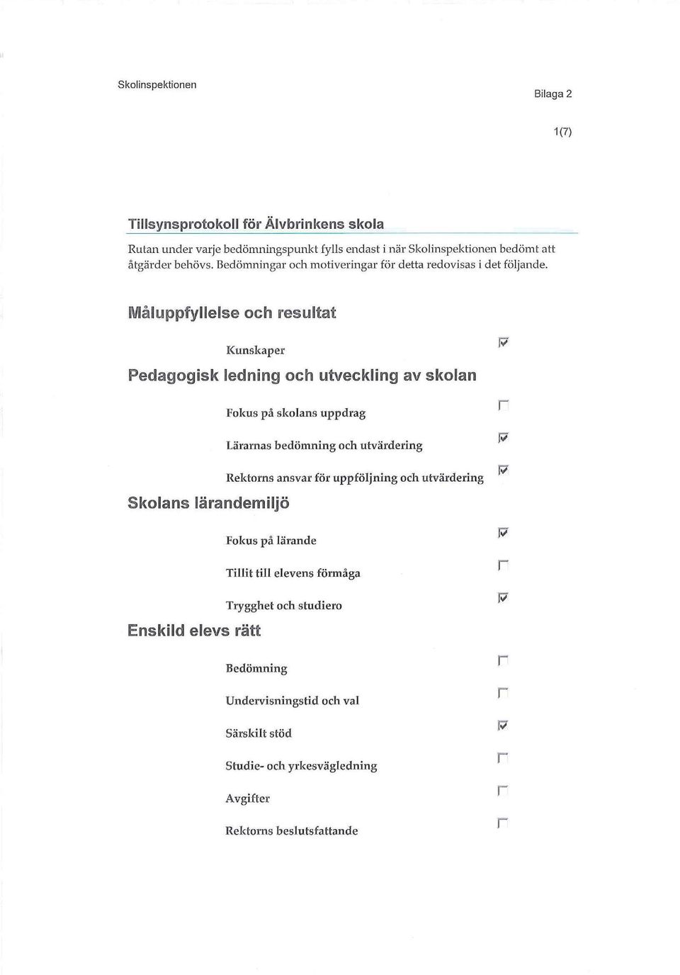 Måluppfyllelse och esultat Kunskape Pedagogisk ledning och utveckling av skolan Fokus på skolans uppdag Skolans läandemiljö Läanas bedömning och