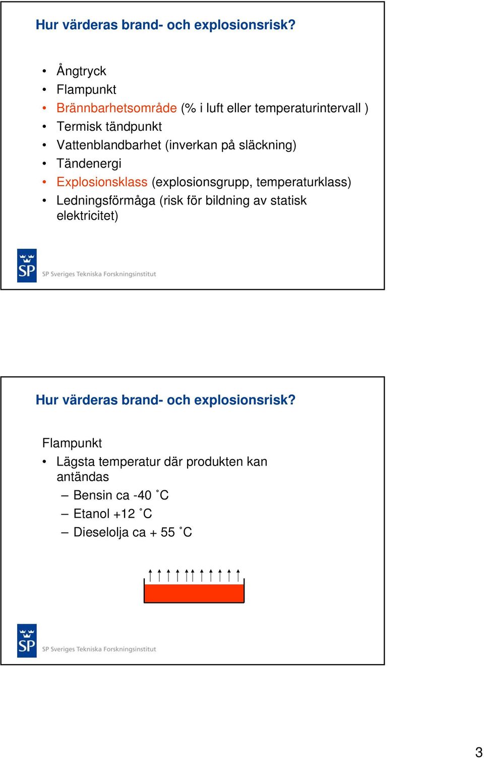 Vattenblandbarhet (inverkan på släckning) Tändenergi Explosionsklass (explosionsgrupp, temperaturklass)