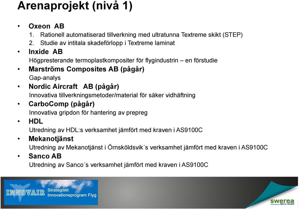 Gap-analys Nordic Aircraft AB (pågår) Innovativa tillverkningsmetoder/material för säker vidhäftning CarboComp (pågår) Innovativa gripdon för hantering av prepreg