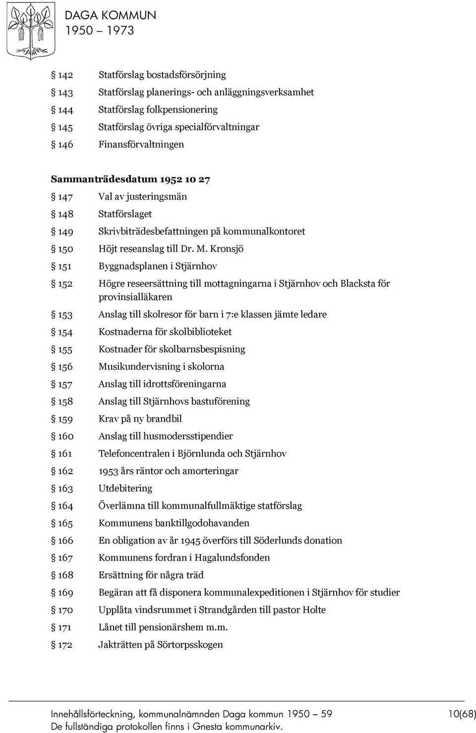Kronsjö 151 Byggnadsplanen i Stjärnhov 152 Högre reseersättning till mottagningarna i Stjärnhov och Blacksta för provinsialläkaren 153 Anslag till skolresor för barn i 7:e klassen jämte ledare 154