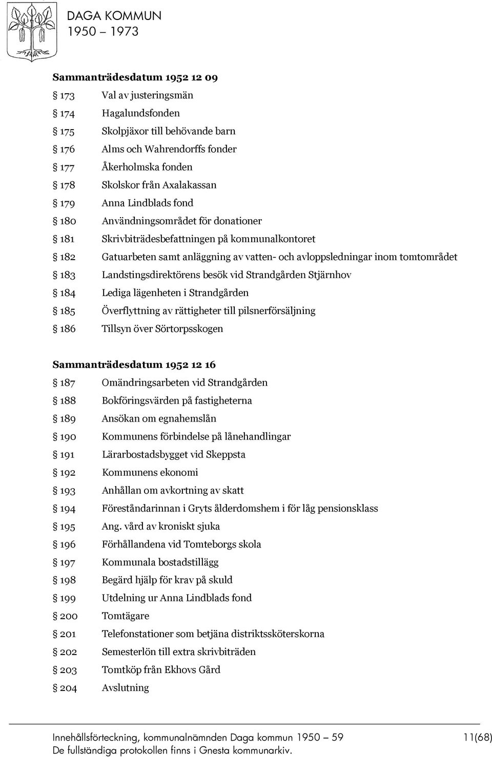 Landstingsdirektörens besök vid Strandgården Stjärnhov 184 Lediga lägenheten i Strandgården 185 Överflyttning av rättigheter till pilsnerförsäljning 186 Tillsyn över Sörtorpsskogen Sammanträdesdatum