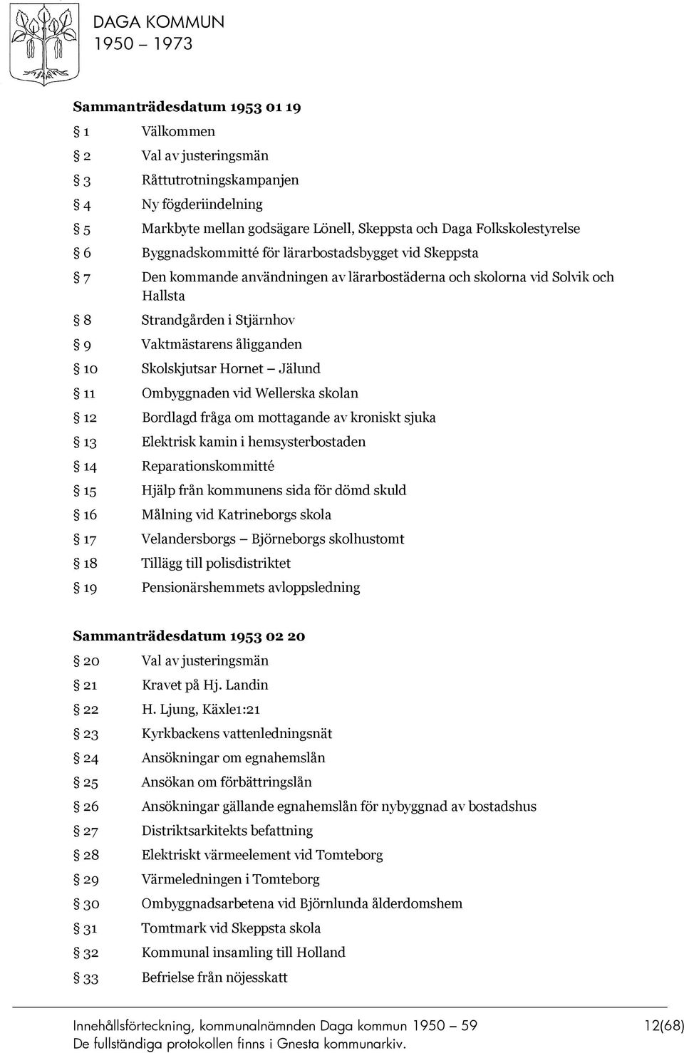 Skolskjutsar Hornet Jälund 11 Ombyggnaden vid Wellerska skolan 12 Bordlagd fråga om mottagande av kroniskt sjuka 13 Elektrisk kamin i hemsysterbostaden 14 Reparationskommitté 15 Hjälp från kommunens