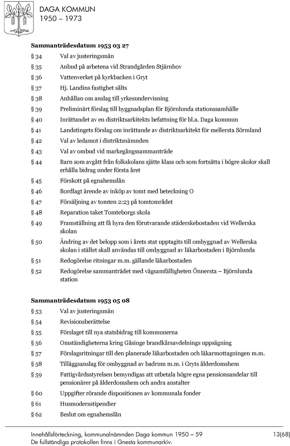 a. Daga kommun 41 Landstingets förslag om inrättande av distriktsarkitekt för mellersta Sörmland 42 Val av ledamot i distriktsnämnden 43 Val av ombud vid markegångssammanträde 44 Barn som avgått från
