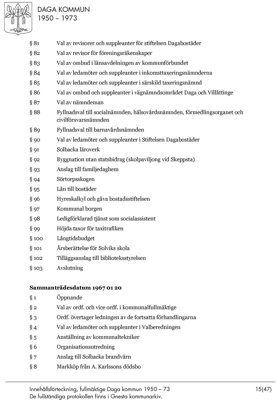 socialnämnden, hälsovårdsnämnden, förmedlingsorganet och civilförsvarsnämnden 89 Fyllnadsval till barnavårdsnämnden 90 Val av ledamöter och suppleanter i Stiftelsen Dagabostäder 91 Solbacka läroverk