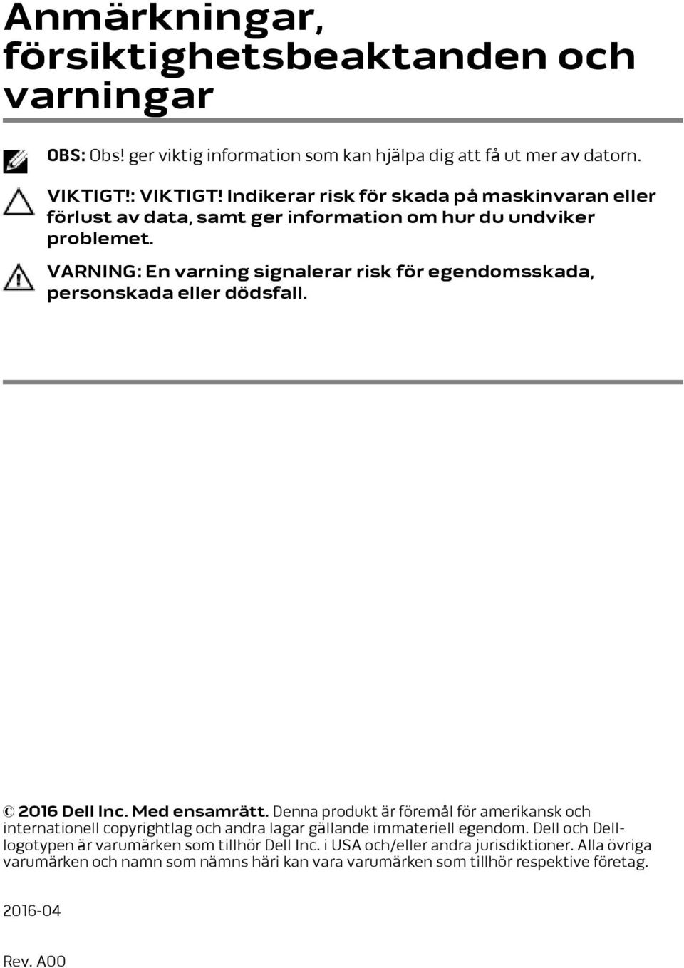 VARNING: En varning signalerar risk för egendomsskada, personskada eller dödsfall. 2016 Dell Inc. Med ensamrätt.