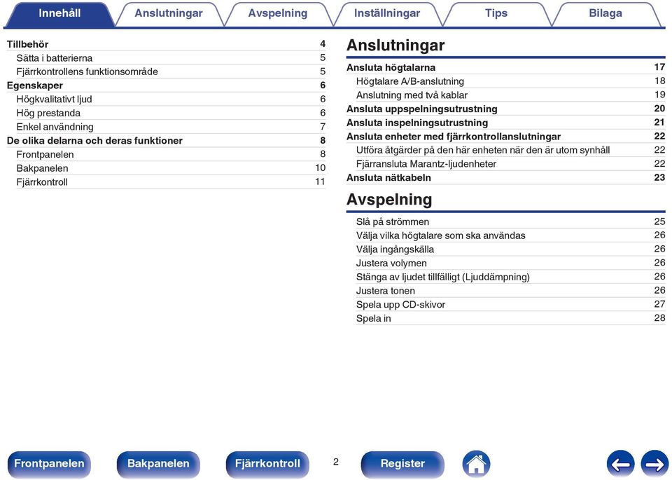 uppspelningsutrustning 20 Ansluta inspelningsutrustning 21 Ansluta enheter med fjärrkontrollanslutningar 22 Utföra åtgärder på den här enheten när den är utom synhåll 22 Fjärransluta