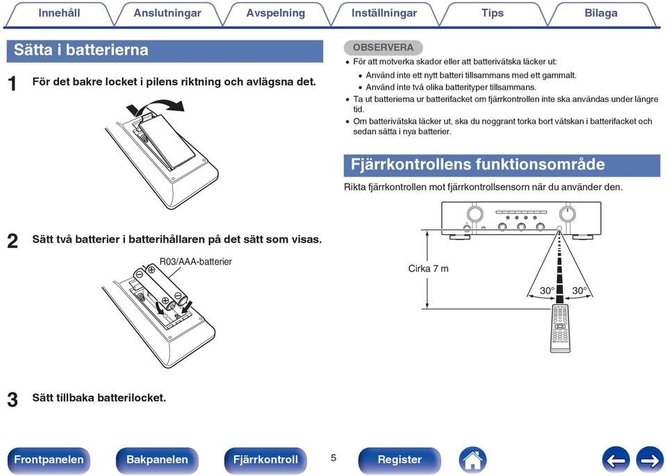 0 Ta ut batterierna ur batterifacket om fjärrkontrollen inte ska användas under längre tid.