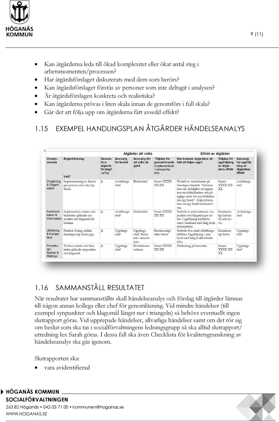 Går det att följa upp om åtgärderna fått avsedd effekt? 1.15 EXEMPEL HANDLINGSPLAN ÅTGÄRDER HÄNDELSEANALYS 1.