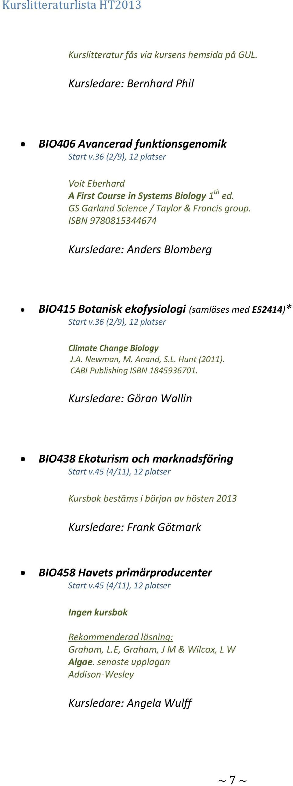 Anand, S.L. Hunt (2011). CABI Publishing ISBN 1845936701. Kursledare: Göran Wallin BIO438 Ekoturism och marknadsföring Start v.