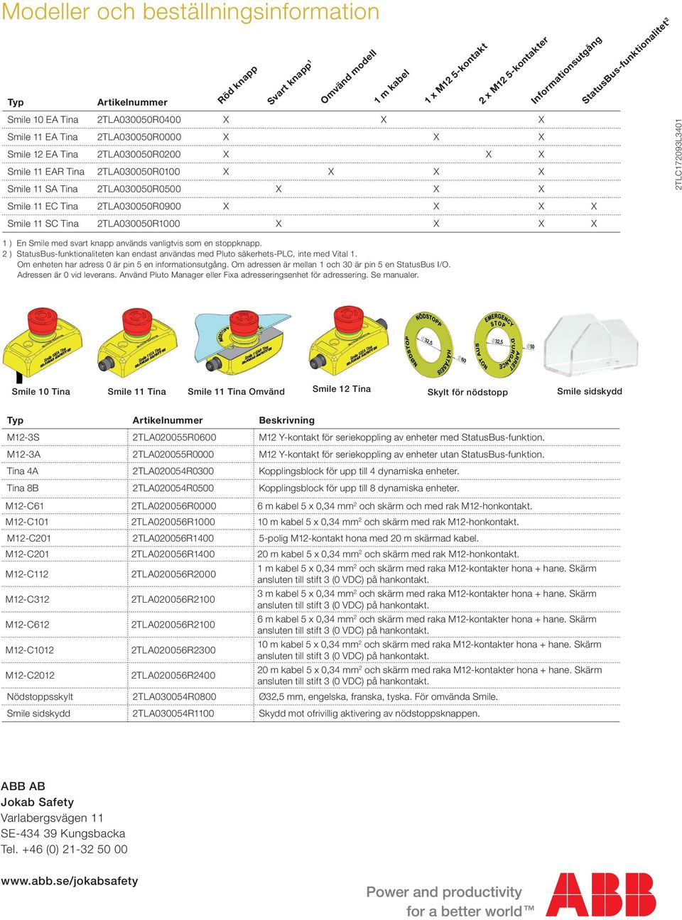 2TLC172093L3401 Smile 11 EC Tina 2TLA030050R0900 X X X X Smile 11 SC Tina 2TLA030050R1000 X X X X 1 ) En Smile med svart knapp används vanligtvis som en stoppknapp.