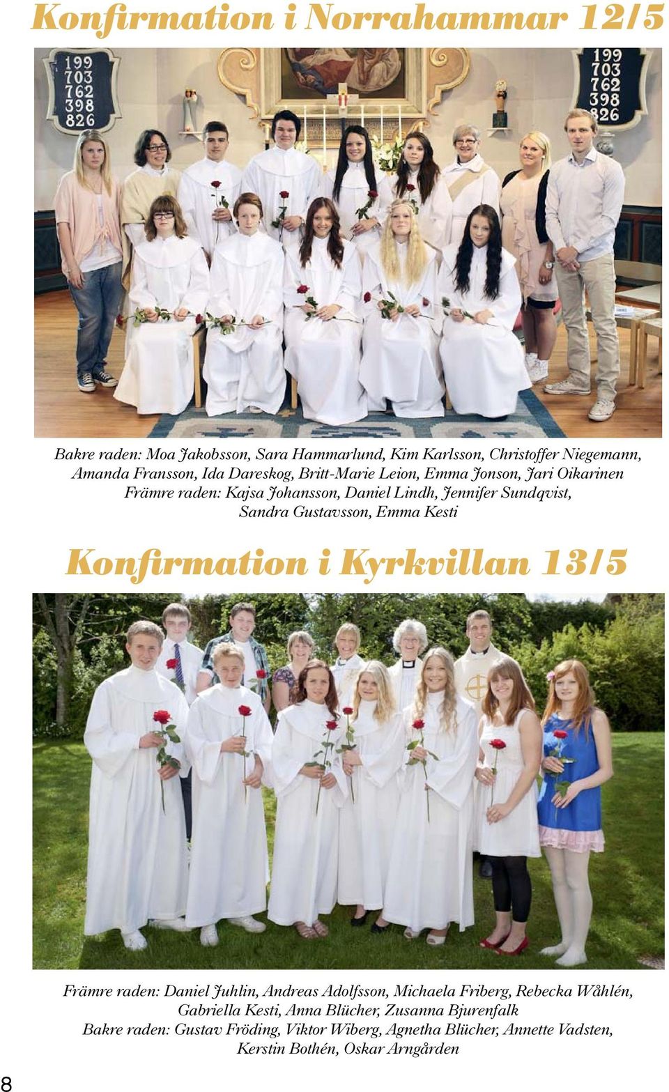 Emma Kesti Konfirmation i Kyrkvillan 13/5 Främre raden: Daniel Juhlin, Andreas Adolfsson, Michaela Friberg, Rebecka Wåhlén, Gabriella Kesti,