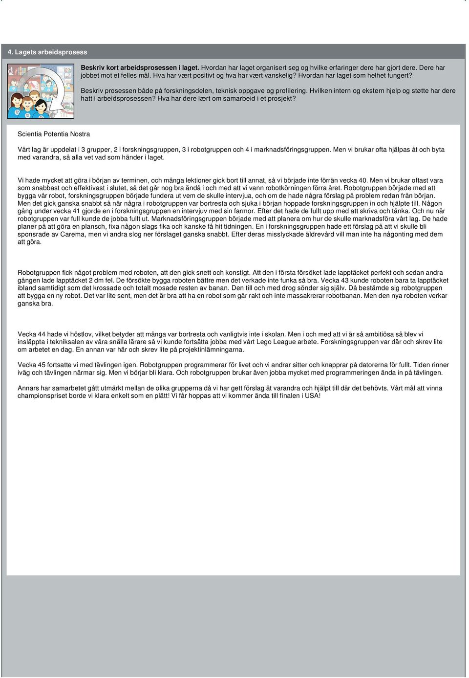 Hvilken intern og ekstern hjelp og støtte har dere hatt i arbeidsprosessen? Hva har dere lært om samarbeid i et prosjekt?