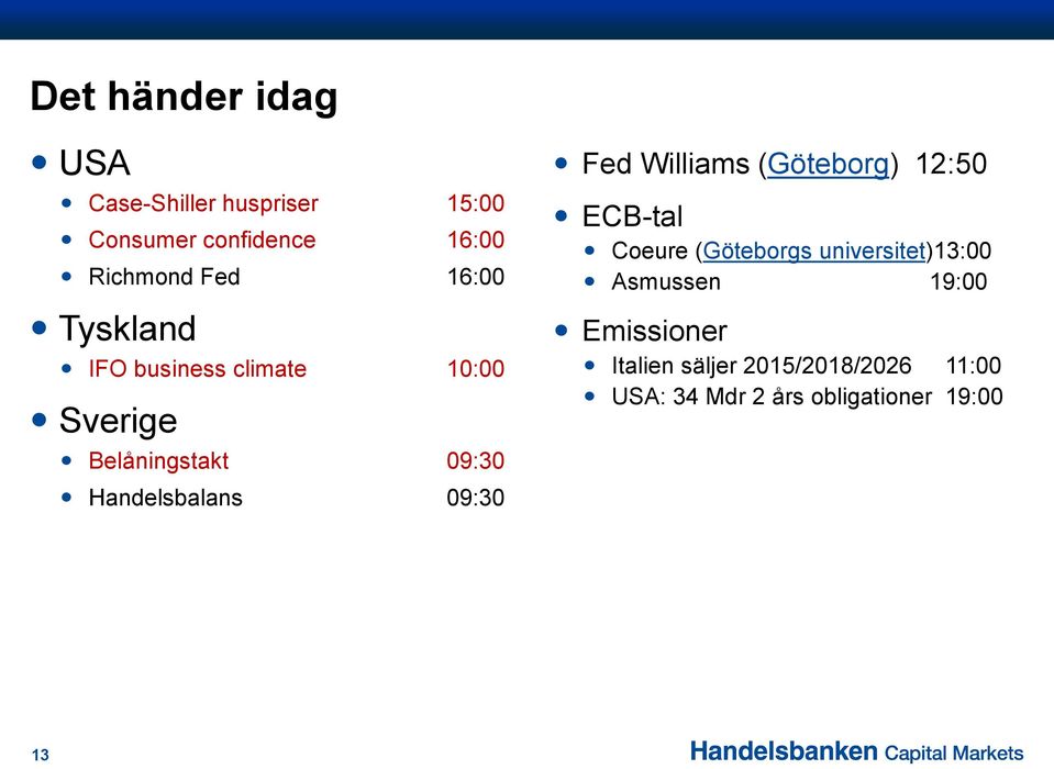 09:30 Fed Williams (Göteborg) 12:50 ECB-tal Coeure (Göteborgs universitet)13:00 Asmussen