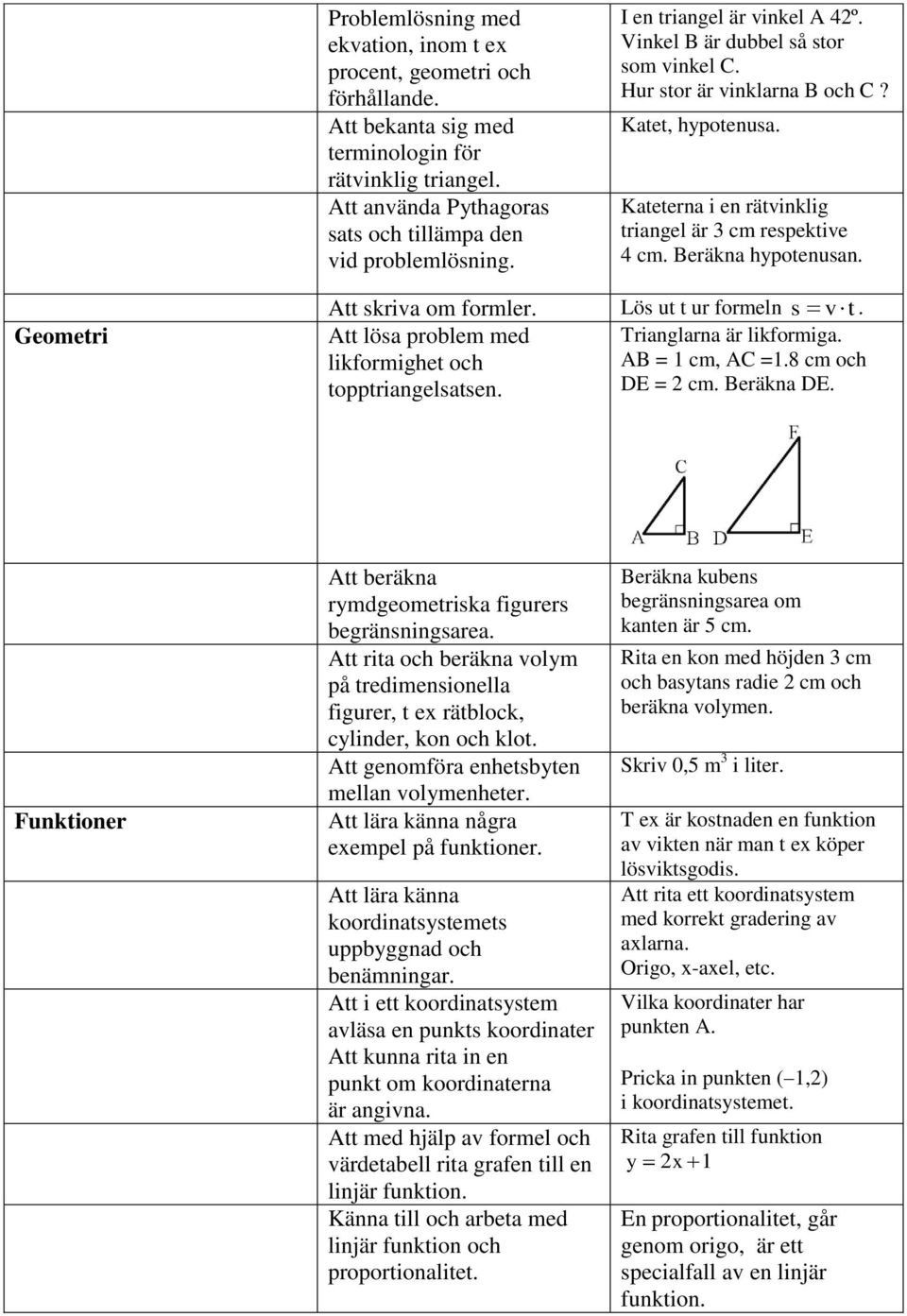 Geometri Att skriva om formler. Lös ut t ur formeln s v t. Att lösa problem med Trianglarna är likformiga. likformighet och AB = 1 cm, AC =1.8 cm och topptriangelsatsen. DE = cm. Beräkna DE.