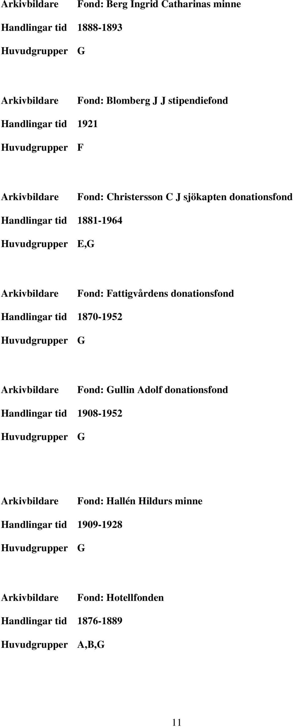 Fattigvårdens donationsfond Handlingar tid 1870-1952 Huvudgrupper G Fond: Gullin Adolf donationsfond Handlingar tid