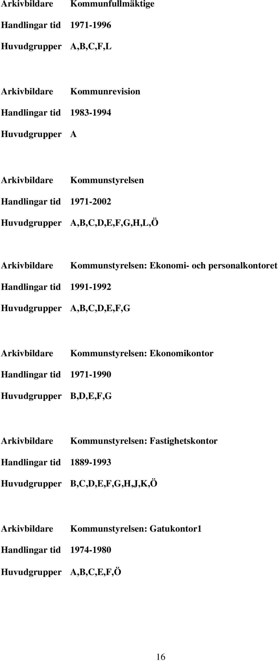 Kommunstyrelsen: Ekonomikontor Handlingar tid 1971-1990 Huvudgrupper B,D,E,F,G Kommunstyrelsen: Fastighetskontor