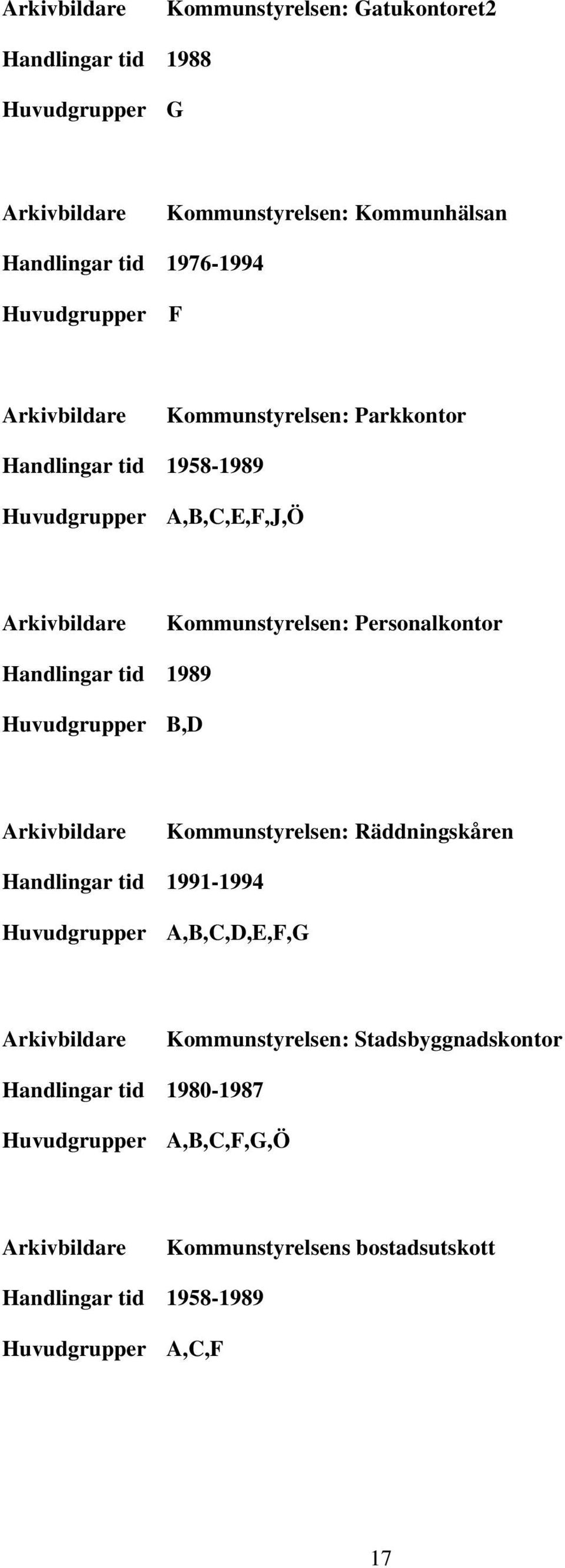 Personalkontor Handlingar tid 1989 Huvudgrupper B,D Kommunstyrelsen: Räddningskåren Handlingar tid