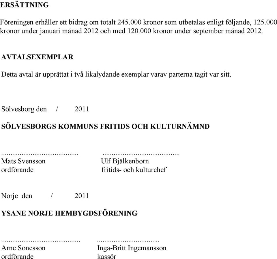 AVTALSEXEMPLAR Detta avtal är upprättat i två likalydande exemplar varav parterna tagit var sitt.