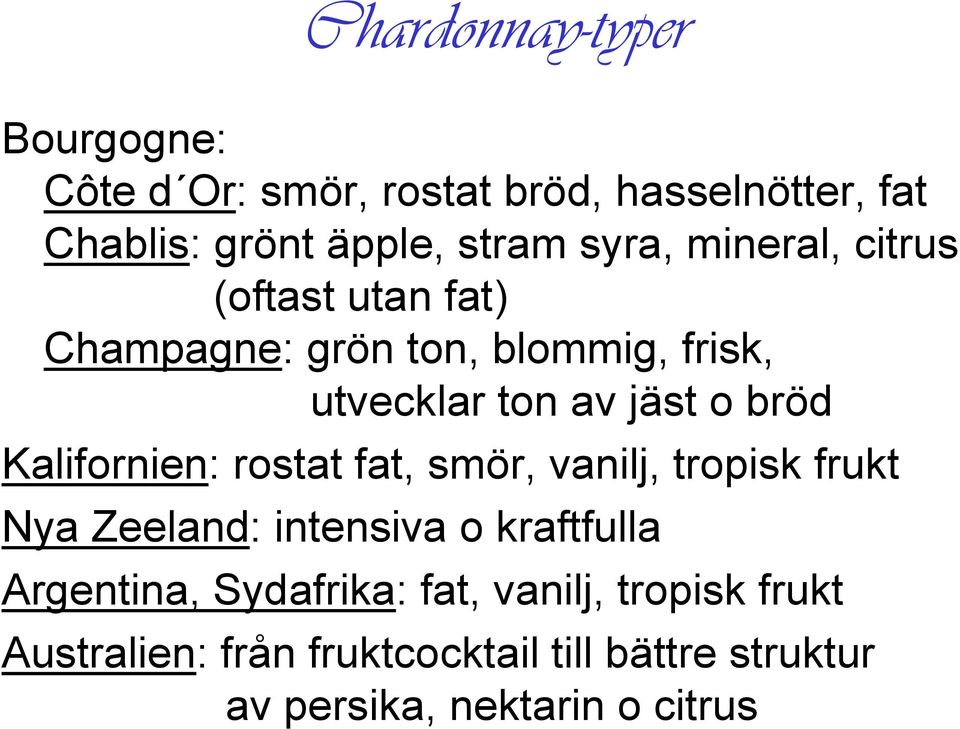 Kalifornien: rostat fat, smör, vanilj, tropisk frukt Nya Zeeland: intensiva o kraftfulla Argentina,