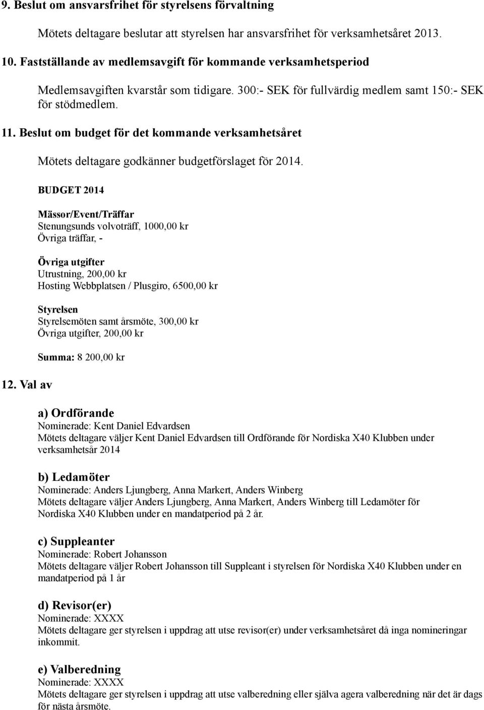 Beslut om budget för det kommande verksamhetsåret 12. Val av Mötets deltagare godkänner budgetförslaget för 2014.