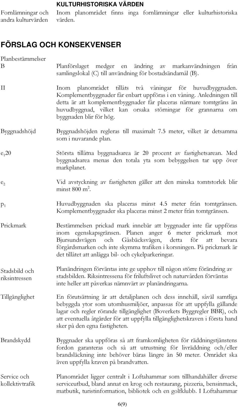 av markanvändningen från samlingslokal (C) till användning för bostadsändamål (B). Inom planområdet tillåts två våningar för huvudbyggnaden. Komplementbyggnader får enbart uppföras i en våning.