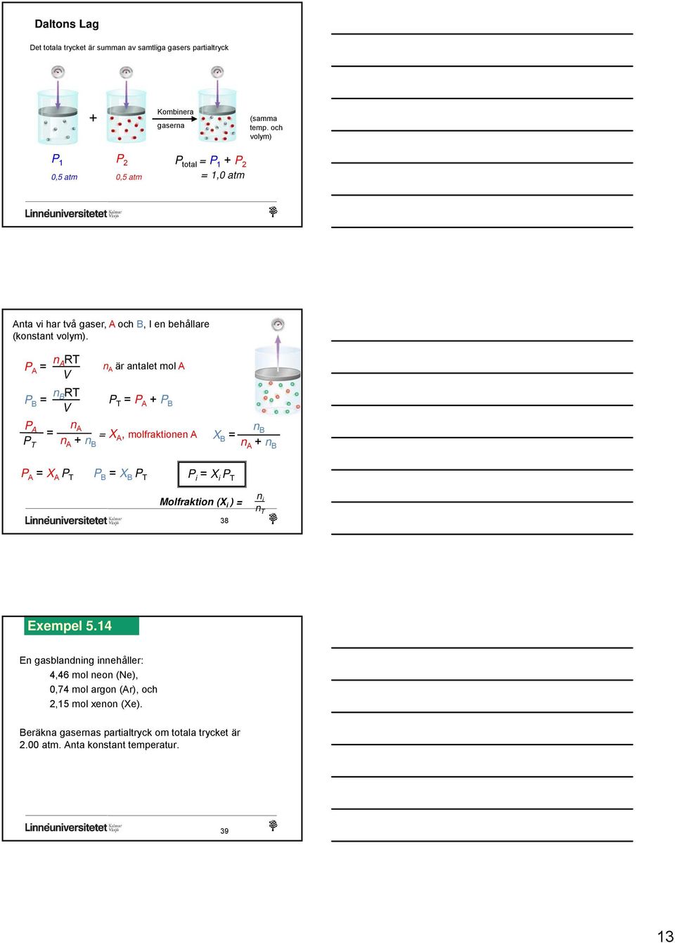 P A = n ART V P B = n BRT V n A är antalet mol A P T = P A + P B P A P T = n A n B = X A, molfraktionen A n X B = A + n B n A + n B P A = X A P T P B = X B P T