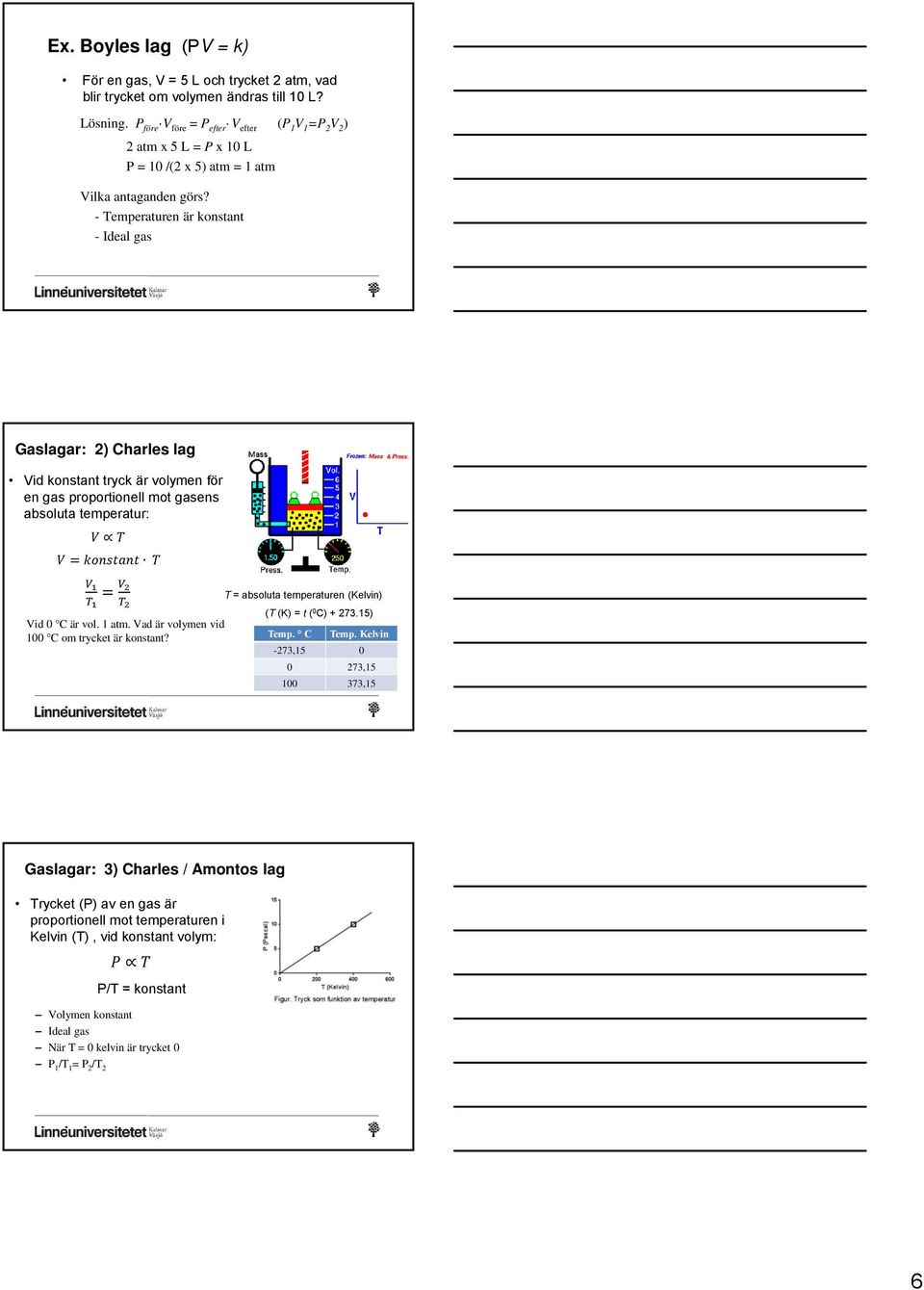 - Temperaturen är konstant - Ideal gas Gaslagar: 2) Charles lag Vid konstant tryck är volymen för en gas proportionell mot gasens absoluta temperatur: T = absoluta temperaturen (Kelvin) (T (K) = t (