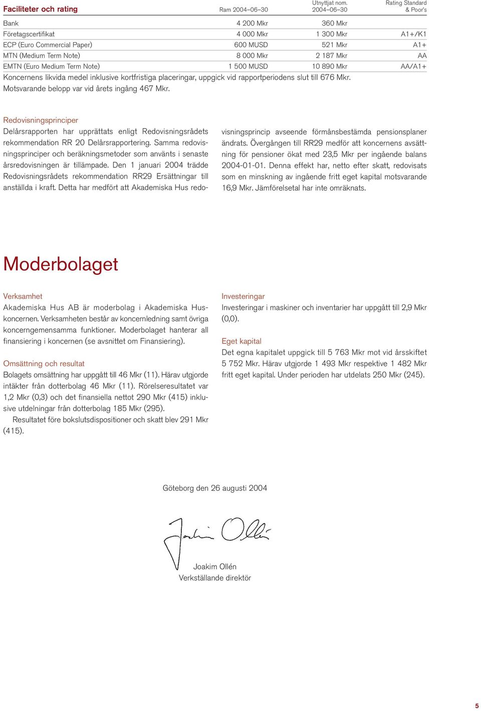 (Medium Term Note) 8 000 Mkr 2 187 Mkr AA EMTN (Euro Medium Term Note) 1 500 MUSD 10 890 Mkr AA/A1+ Koncernens likvida medel inklusive kortfristiga placeringar, uppgick vid rapportperiodens slut till