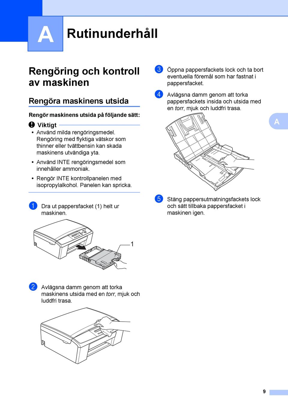 Panelen kan spricka. a Dra ut pappersfacket (1) helt ur maskinen. c Öppna pappersfackets lock och ta bort eventuella föremål som har fastnat i pappersfacket.
