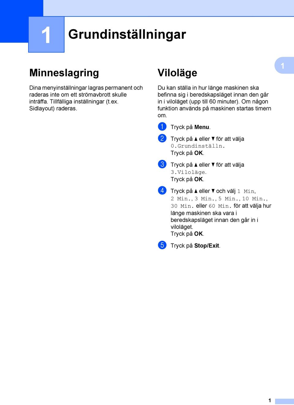 Om någon funktion används på maskinen startas timern om. a Tryck på Menu. b Tryck på a eller b för att välja 0.Grundinställn. c Tryck på a eller b för att välja 3.Viloläge.