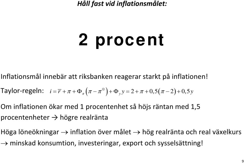 Taylor-regeln: π ( π π ) π ( π ) i= r + +Φ +Φ y= 2 + + 0,5 2 + 0,5y π Om inflationen ökar med 1