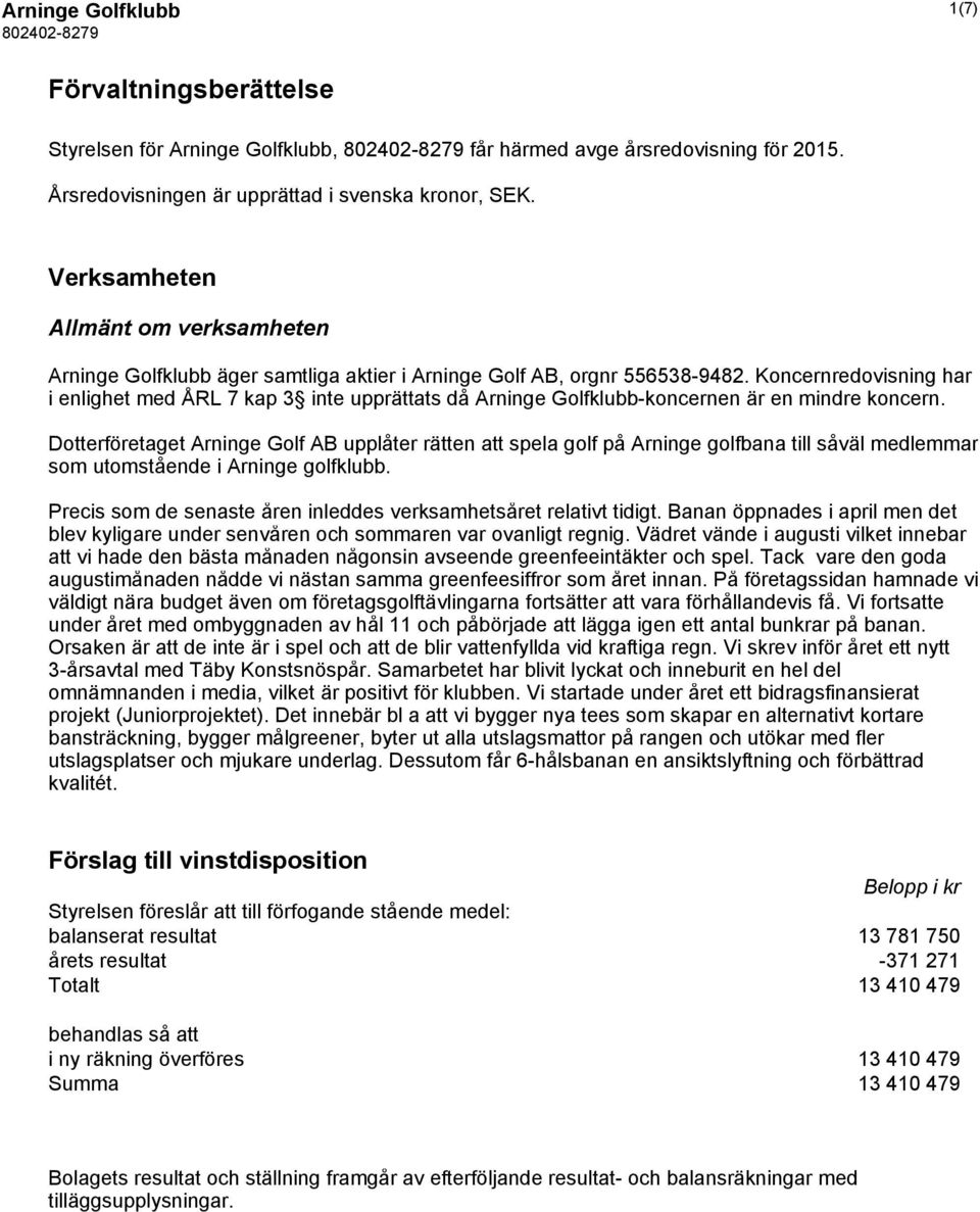 Koncernredovisning har i enlighet med ÅRL 7 kap 3 inte upprättats då Arninge Golfklubb-koncernen är en mindre koncern.
