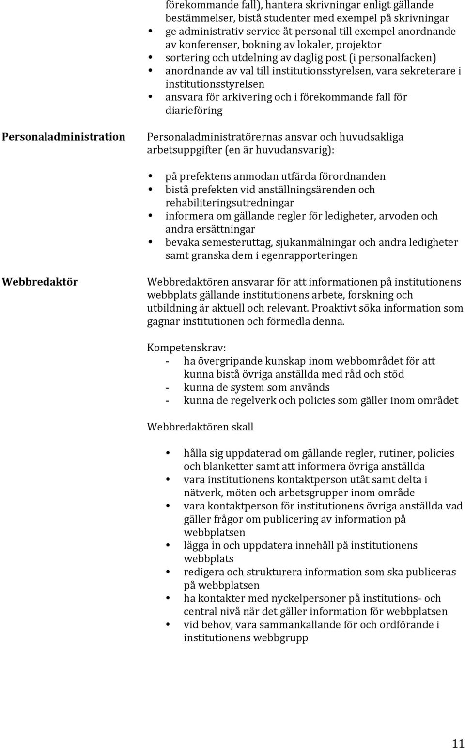 förekommande fall för diarieföring Personaladministration Personaladministratörernas ansvar och huvudsakliga arbetsuppgifter (en är huvudansvarig): på prefektens anmodan utfärda förordnanden bistå