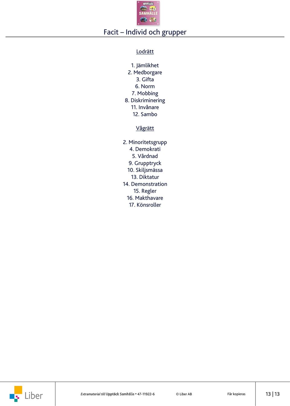 Grupptryck 10. Skiljsmässa 13. Diktatur 14. Demonstration 15. Regler 16.