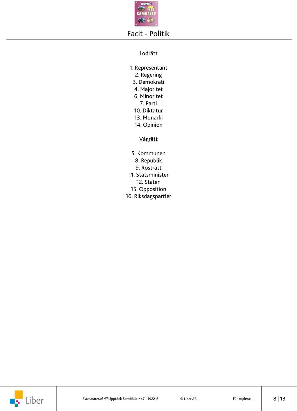 Republik 9. Rösträtt 11. Statsminister 12. Staten 15. Opposition 16.