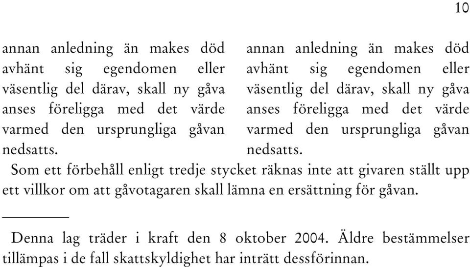 Som ett förbehåll enligt tredje stycket räknas inte att givaren ställt upp ett villkor om att gåvotagaren skall lämna en ersättning för gåvan.