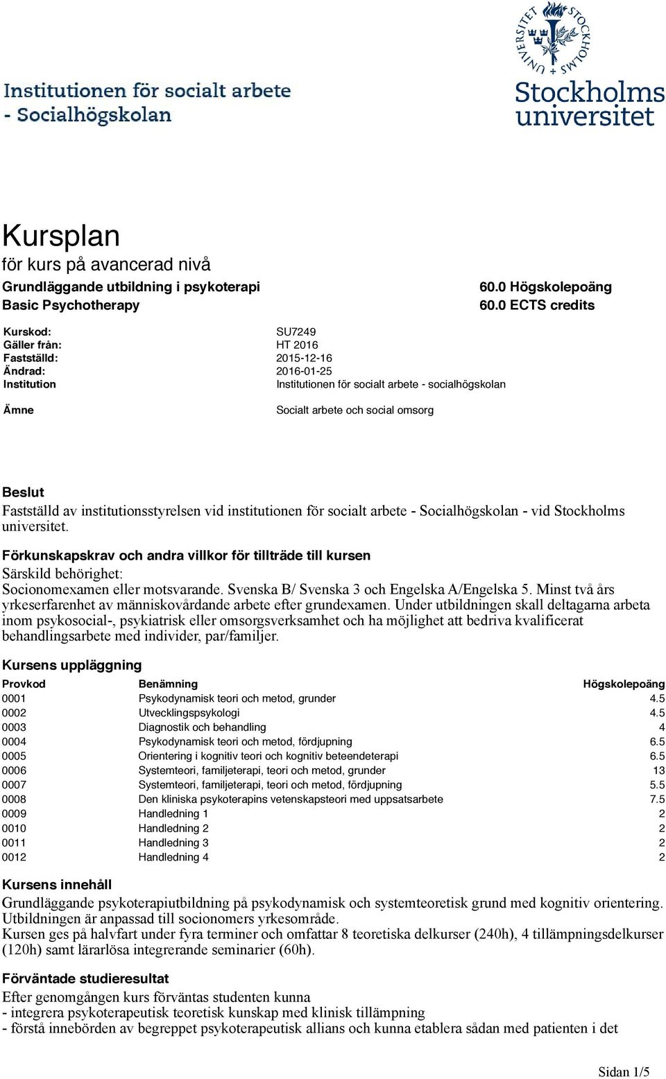 Beslut Fastställd av institutionsstyrelsen vid institutionen för socialt arbete - Socialhögskolan - vid Stockholms universitet.