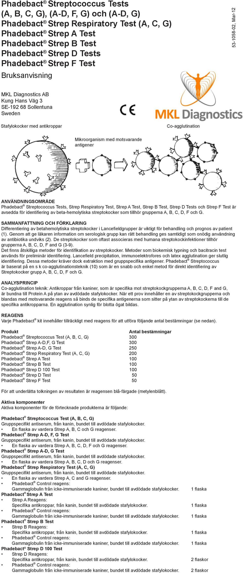 A Test, Strep B Test, Strep D Tests och Strep F Test är avsedda för identifi ering av beta-hemolytiska streptokocker som tillhör grupperna A, B, C, D, F och G.