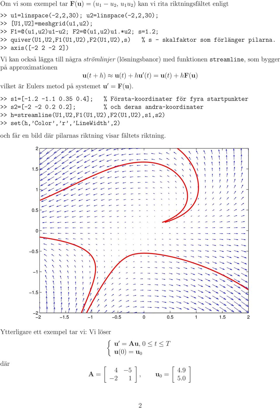 >> axis(- - ) Vi kan också lägga till några strömlinjer (lösningsbanor) med funktionen streamline, som bygger på approximationen u(t + h) u(t) + hu (t) = u(t) + hf(u) vilket är Eulers metod på
