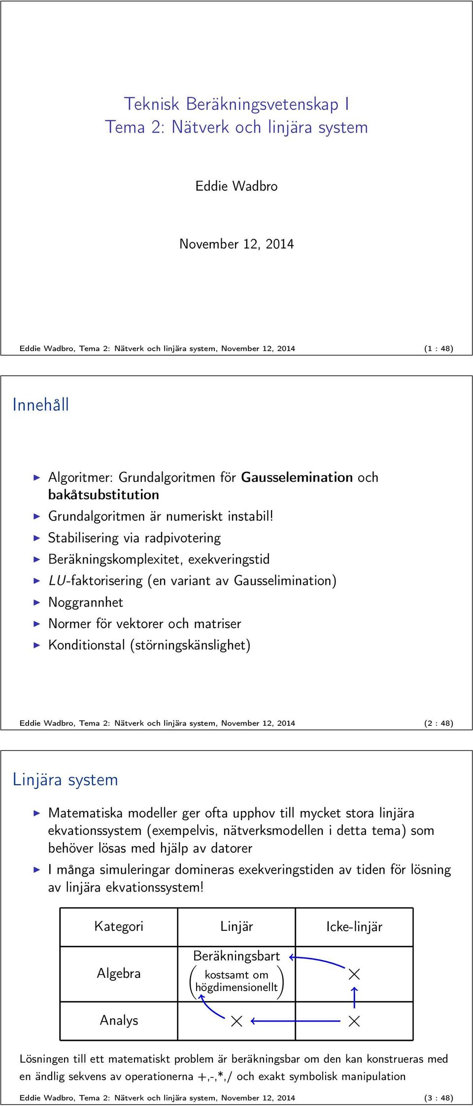 Stabilisering via radpivotering Beräkningskomplexitet, exekveringstid LU-faktorisering (en variant av Gausselimination) Noggrannhet Normer för vektorer och er Konditionstal (störningskänslighet)