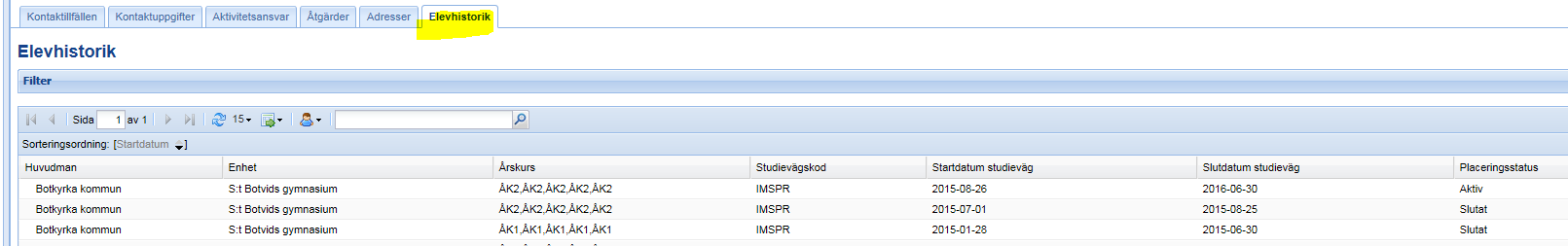 Elevhistorik Här visas alla elevens tidigare skolplaceringar.