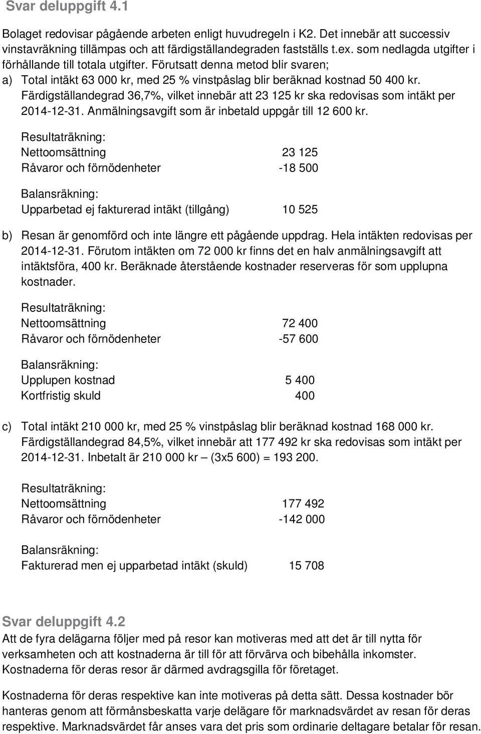 Färdigställandegrad 36,7%, vilket innebär att 23 125 kr ska redovisas som intäkt per 2014-12-31. Anmälningsavgift som är inbetald uppgår till 12 600 kr.