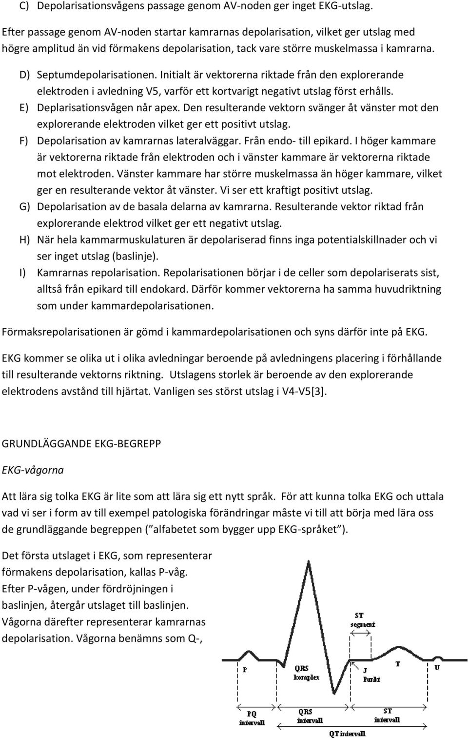 Initialt är vektorerna riktade från den explorerande elektroden i avledning V5, varför ett kortvarigt negativt utslag först erhålls. E) Deplarisationsvågen når apex.