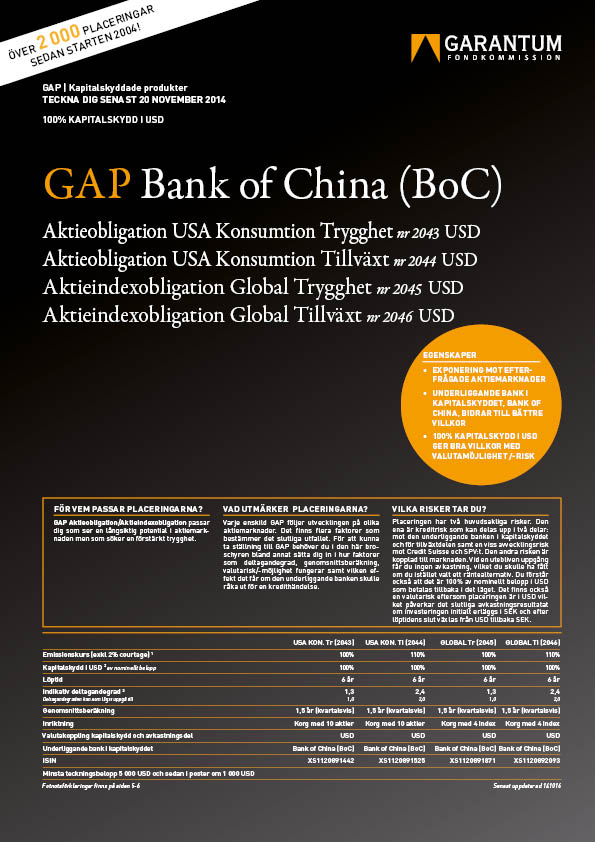 Strukturerad Placeringsprodukt Placeringar med skydd GAP BoC Aktieindexobligation Global Tillväxt nr 246 USD Placeringen följer en aktiekorg med 4 stora globala index.