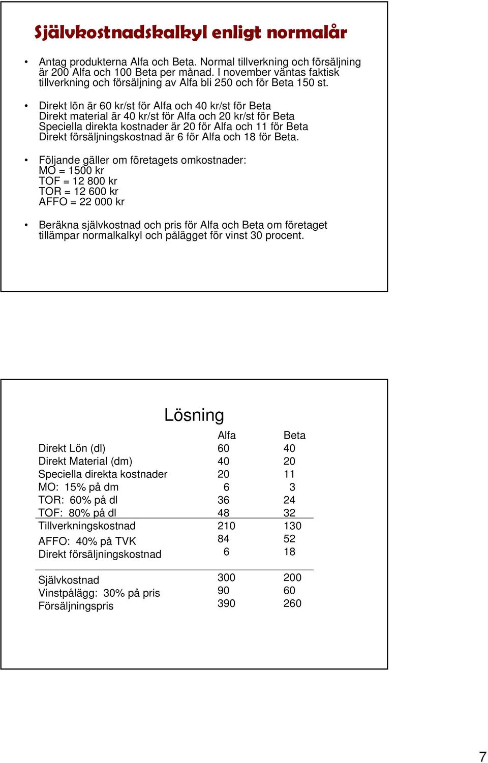 Direkt lön är 60 kr/st för Alfa och 40 kr/st för Beta Direkt material är 40 kr/st för Alfa och 20 kr/st för Beta Speciella direkta kostnader är 20 för Alfa och 11 för Beta Direkt försäljningskostnad