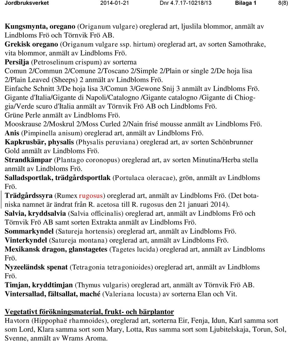 Persilja (Petroselinum crispum) av sorterna Comun 2/Commun 2/Comune 2/Toscano 2/Simple 2/Plain or single 2/De hoja lisa 2/Plain Leaved (Sheeps) 2 anmält av Lindbloms Frö.
